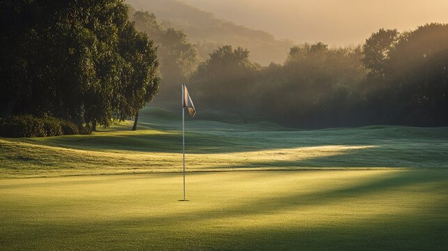 flagstick. Manicured golf green with flagstick in early morning, dew on grass and gentle mist. event key visuals, club posters, designed for fitness apps and gym onboarding, drives event promotion.