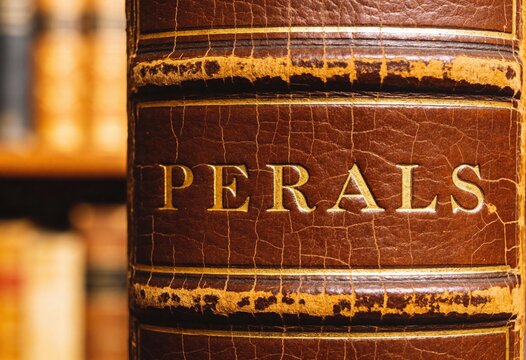 Close-up of a vintage leather-bound book with gold embossed lette titled Perals showing wear and age on the textured cover in a library setting