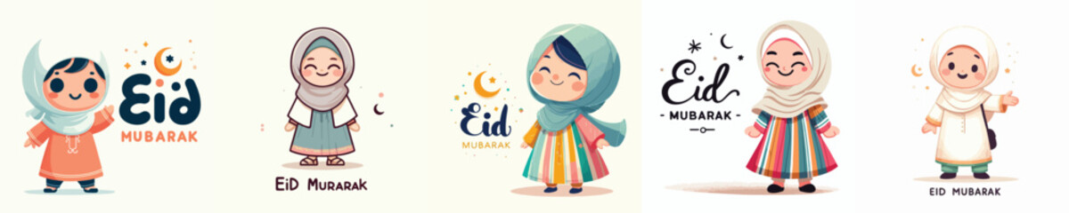 vector of little muslim girl saying Eid Mubarak