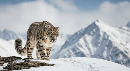 Obraz premium Snow Leopard (Panthera uncia) Navigating Rugged High-Altitude Mountain Range