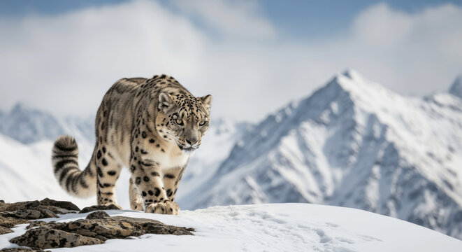 Snow Leopard (Panthera uncia) Navigating Rugged High-Altitude Mountain Range