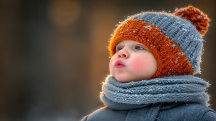 a young boy wearing an orange hat and gray scarf is blowing on his lips to warm up, outdoors in winter