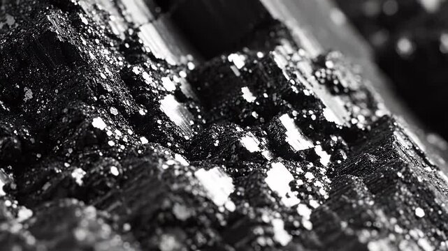 Extreme close-up of black crystalline mineral structure with sparkling inclusions