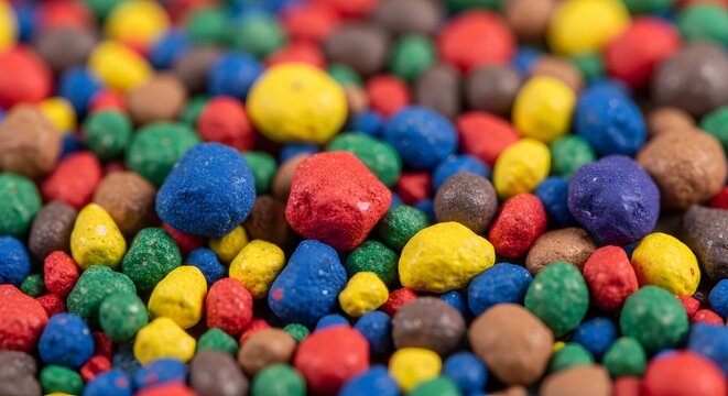 Pile of colorful candis on white surface with red yellow green and.