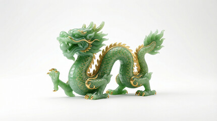 Green jade Chinese dragon statue with gold accents holding a pearl on white background