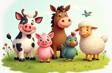 Fototapeta premium Cute cartoon farm animals stand together on a green grassy field. A cow, pig, horse, chick, and sheep are smiling, creating a friendly scene for kids education or farm themes.