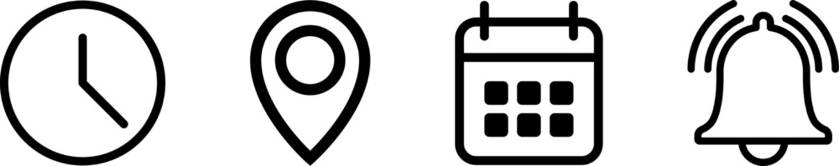 Location pin, date time, calendar clock and notification bell icons set. Flat simple illustrations for website, mobile app, UX UI design