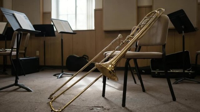 brass trombone placed on chair inside rehearsal space video