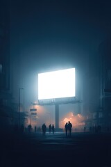 Fototapeta premium Large blank billboard glowing in foggy urban night street