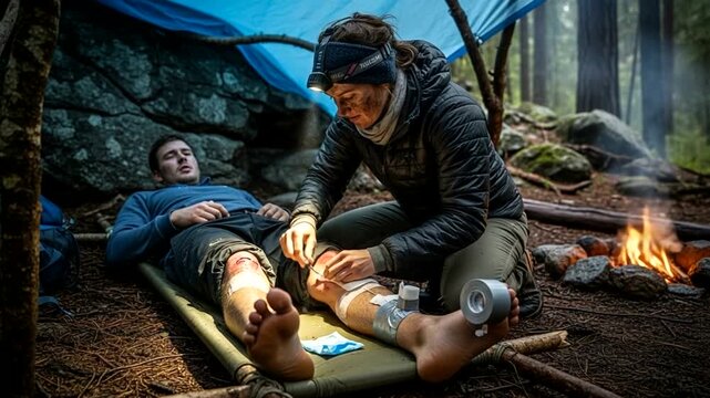 Wilderness first aid emergency rescue in forest camp.