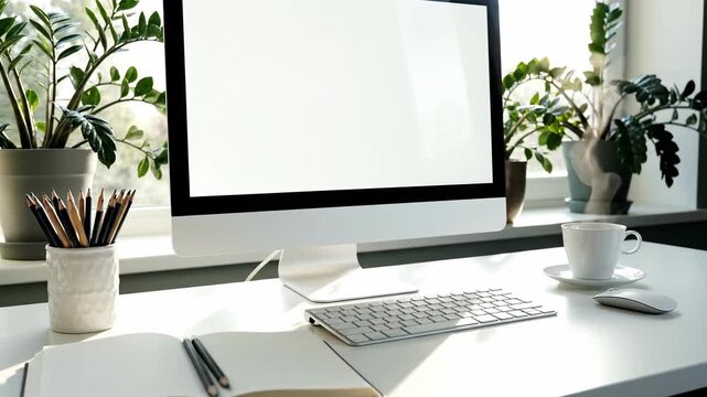 Minimalist workspace with computer monitor potted plants and copy space