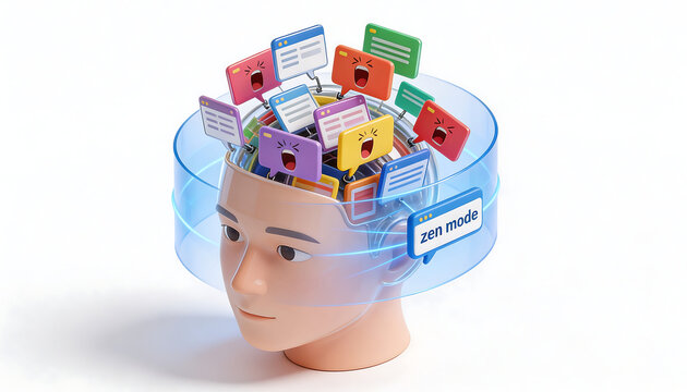 Human head with zen mode notification and multiple colorful alert bubbles for mental health digital detox and information overload management