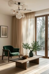 Fototapeta premium Modern living room interior with green armchair and natural light