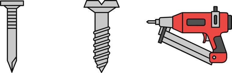 Fototapeta premium Nail, screw, and nail gun illustration showing fasteners and fastening tool