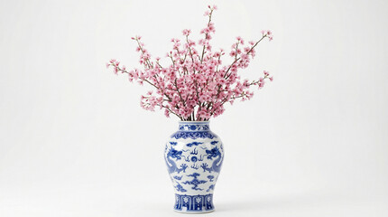 Blue and White Porcelain Dragon Vase Filled with Blooming Pink Plum Blossoms on White Background