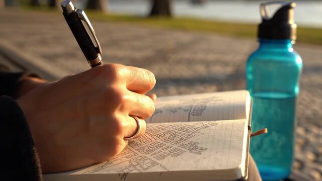 Hand holding pen writing in notebook outdoors with water bottle