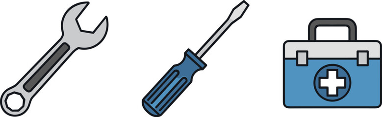 Obraz premium Set of tools including a wrench, screwdriver, and first aid kit in a simple illustration