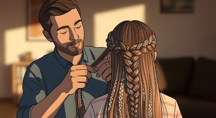 Obraz premium Man Braiding Womans Hair with Intricate Styles Indoors.