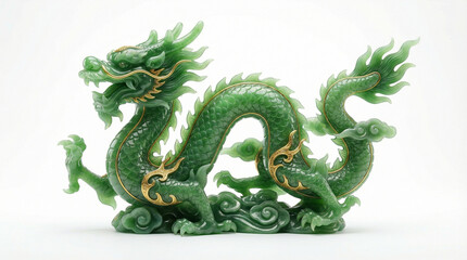 Intricately Carved Green Jade Chinese Dragon Statue with Gold Accents on White Background