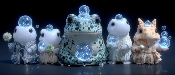 Whimsical Frogs in Robes Surrounded by Bubble Sphere Magic for Fantasy Decor