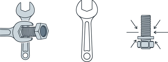 Obraz premium Illustration of wrenches tightening a bolt and nut, and a bolt with arrows indicating pressure