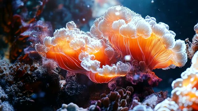 Vibrant Orange Jellyfish Swimming Near Coral Reef.
