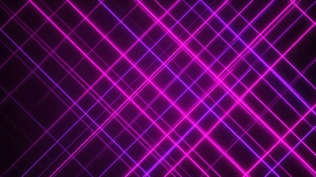 Diagonal, neon pink and purple intersecting lines create a grid on a dark backdrop