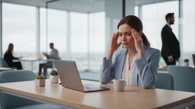 Stressed businesswoman experiencing headache at modern office desk, overwhelmed by workload and pressure, representing workplace burnout, stress, and mental fatigue.