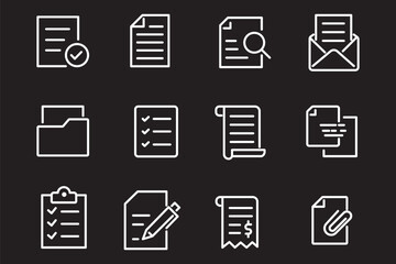 Document set of web icons in line style. Documents linear icon collection. Containing contract papers, folder, certificate, accept, approved, clipboard, invoice, archive and more. Editable stroke