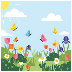 Naklejka premium Colorful Butterflies and Flowers in Garden.
