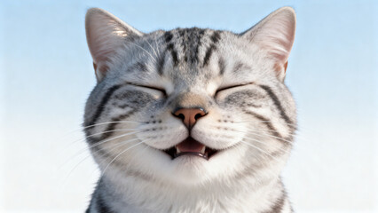 Obraz premium 青グラデ背景に浮かぶ笑顔の猫、安心感を象徴するミニマル写真