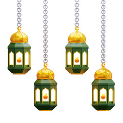 Traditional Islamic Lanterns Hanging with Chains for Festive Ramadan Decorations, a 3D Illustration