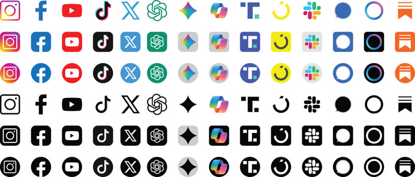 New updated social media network icons set in color and black. facebook, instagram, slack, substack, AI app logo ChatGPT, Gemini, Meta AI, Copilot, whatsapp, linkedin, x. social media on transparent 