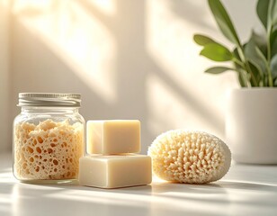 Zero Waste Bathroom Concept with Bar Soap and Loofah