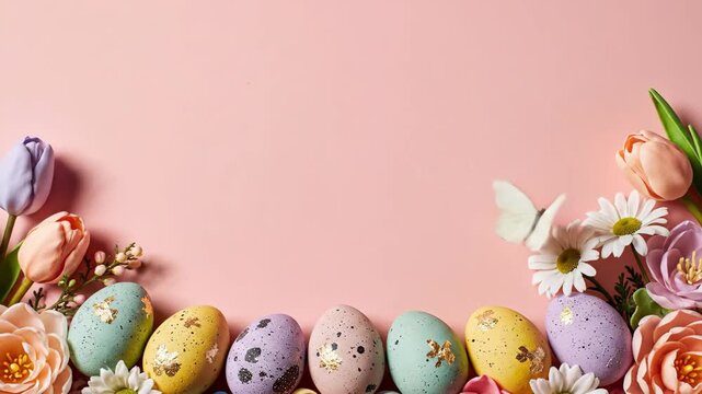 Colorful decorated Easter eggs and blooming spring flowers line a pink surface with ample copy space