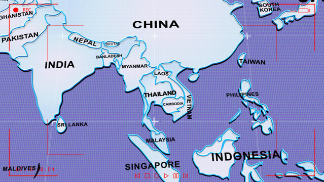 a stylized political map of South and Southeast Asia. It highlights countries including China, India, Nepal, Bhutan, Bangladesh, Myanmar, Laos, Thailand, Cambodia, Vietnam, Malaysia, Singapore, 