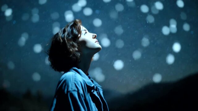 Young Girl Gazing Up at Starry Night Sky.