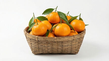 Woven Bamboo Basket Overflowing with Fresh Mandarin Oranges on White Background