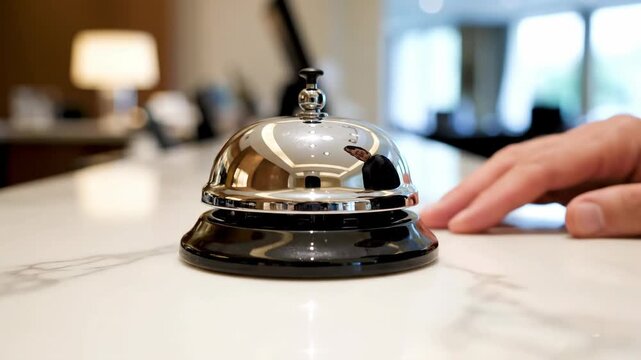 Hand pressing a silver service bell on a marble reception counter. Hotel concierge assistance concept