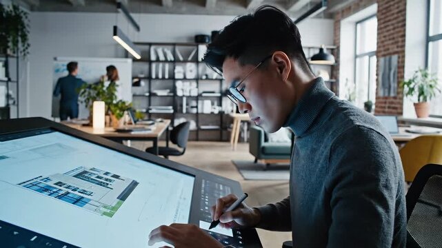 Focused Asian Architect Designing on Digital Drafting Table