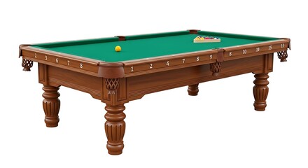 A wooden pool table with green felt and balls is viewed from above in a recreational environment.