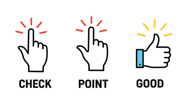Series of hand gesture icons indicating checking pointing and giving a thumbs up with colorful light rays and descriptive text labels.
