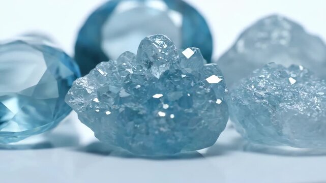 Beautiful sparkling light blue faceted gemstones and rough natural crystals on a shiny white surface