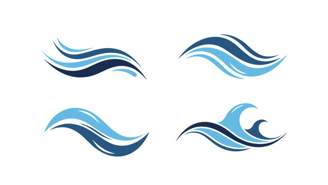 Set of four stylized ocean wave logos in various shades of blue illustrating fluid motion water flow and natural maritime elements.