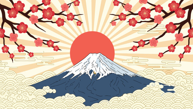 Japanese landscape illustration features the iconic Mount Fuji under a rising sun with cherry blossoms and traditional wave patterns.