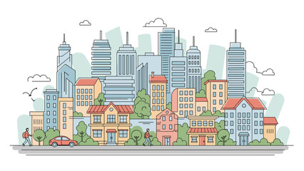 Obraz premium Detailed city landscape illustration features a variety of houses, skyscrapers, and pedestrians walking along a busy street with cars.