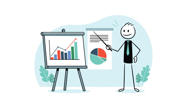 Stick figure businessman gives a presentation with a flipchart showing bar graphs, line charts, and pie diagrams for data analysis.