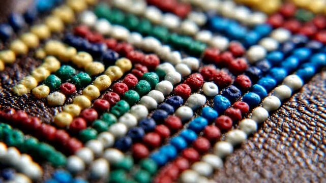 Colorful beaded pattern with intricate design and vibrant hues, close-up shot.
