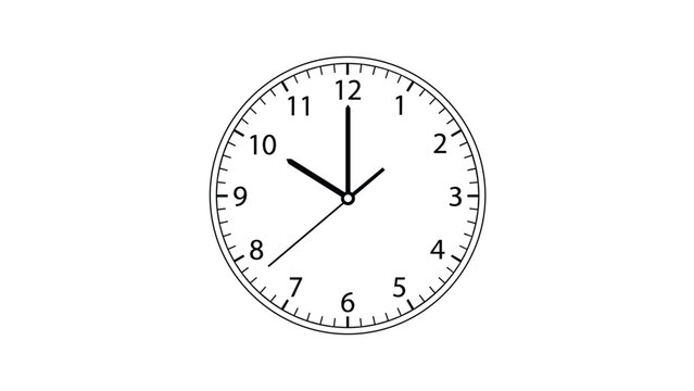 Simple analog clock face with black hands and numbers clearly indicates ten o'clock on a clean white background for time teaching.