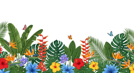 Vibrant Tropical Floral Banner with Exotic Leaves and Butterflies Illustration